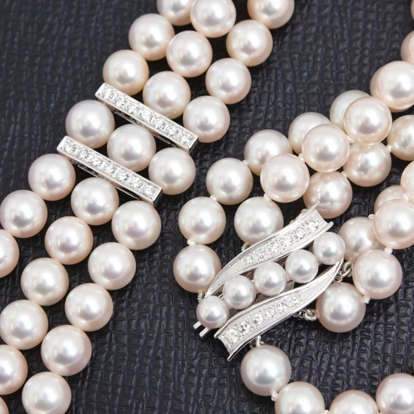 ミキモト ネックレス レディース 3連 パール ダイヤ ネックレス 7.5mm～7.9mm珠 1ctオーバー ホワイトゴールド MIKIMOTO K14WG 中古