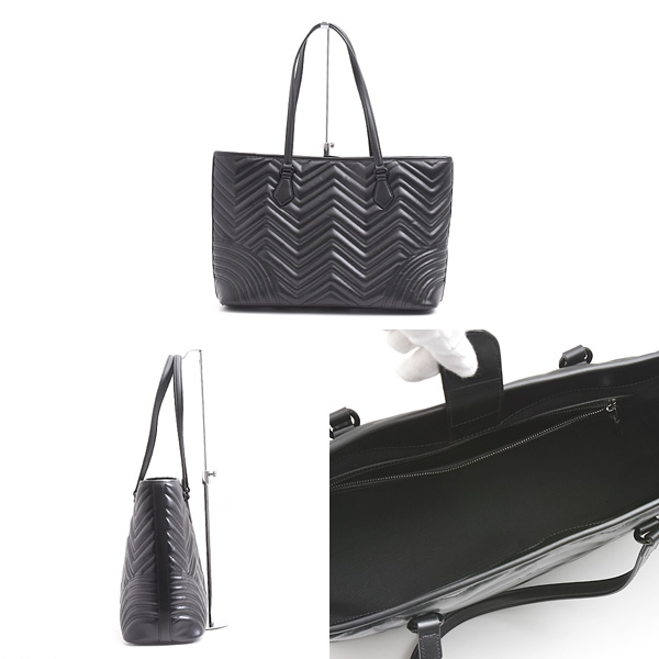 グッチ バッグ レディース メンズ GGマーモント ラージ トートバッグ シェブロン キルティングレザー ブラック GUCCI 739684 中古