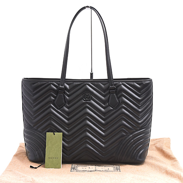 グッチ バッグ レディース メンズ GGマーモント ラージ トートバッグ シェブロン キルティングレザー ブラック GUCCI 739684 中古