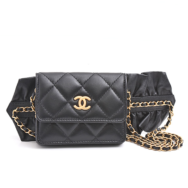 シャネル 財布 バッグ レディース マトラッセ カードケース ポシェット チェーンショルダー ラムスキン ブラック CHANEL AP1895 中古