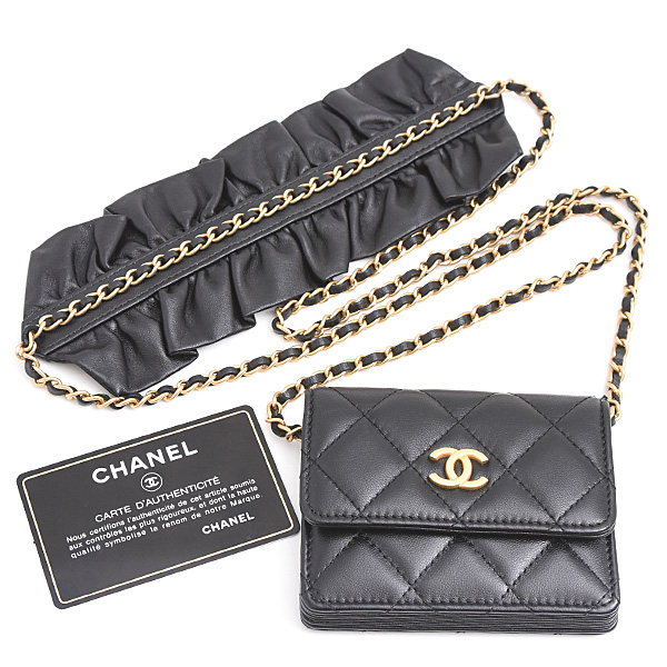 シャネル 財布 バッグ レディース マトラッセ カードケース ポシェット チェーンショルダー ラムスキン ブラック CHANEL AP1895 中古