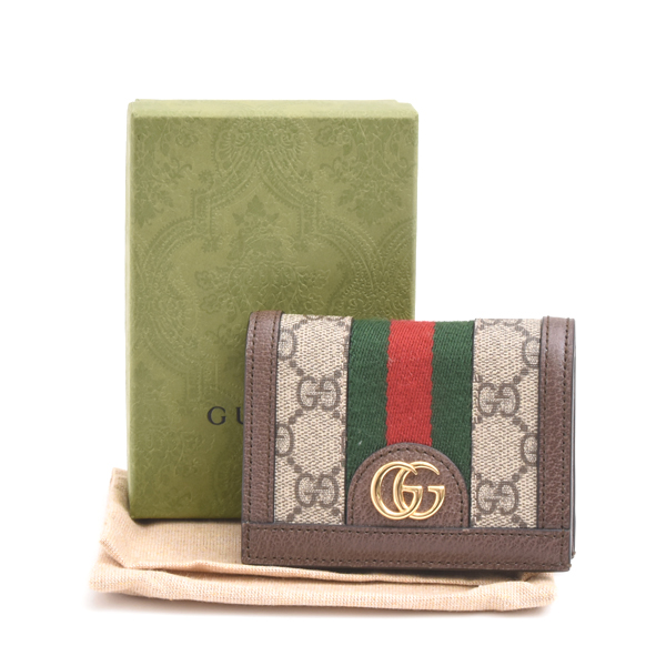 グッチ 財布 レディース GGスプリーム オフィディア 二つ折り財布 ミニウォレット レザー キャンバス ブラウン 523155 GUCCI 中古