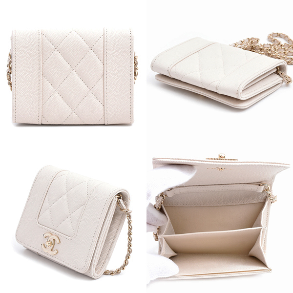 シャネル バッグ レディース マトラッセ ミニチェーンウォレット ショルダーバッグ キャビアスキン ホワイト系 CHANEL 中古