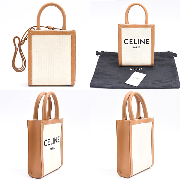 セリーヌ バッグ レディース バーティカルカバ ミニ ショルダー 2WAY ポシェット キャンバス カーフ ナチュラル×タン CELINE 193302 中古