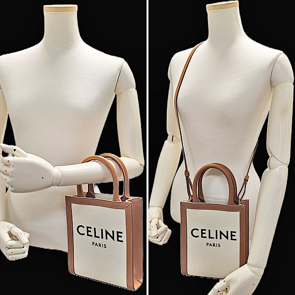 セリーヌ バッグ レディース バーティカルカバ ミニ ショルダー 2WAY ポシェット キャンバス カーフ ナチュラル×タン CELINE 193302 中古