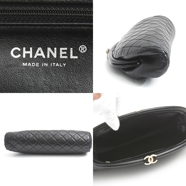 シャネル バッグ レディース マトラッセ がま口 クラッチバッグ ラムスキン ブラック CHANEL 中古