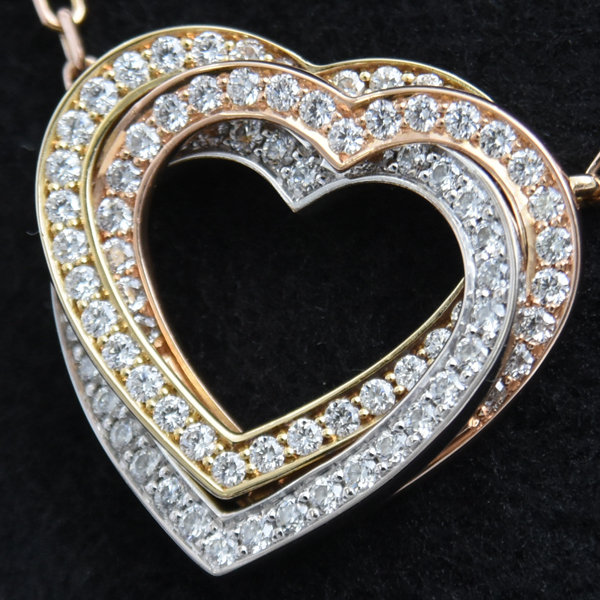 カルティエ ネックレス レディース トリニティ ハート フルダイヤ ネックレス 保証書付 ゴールド Cartier 750YG×WG×PG 中古