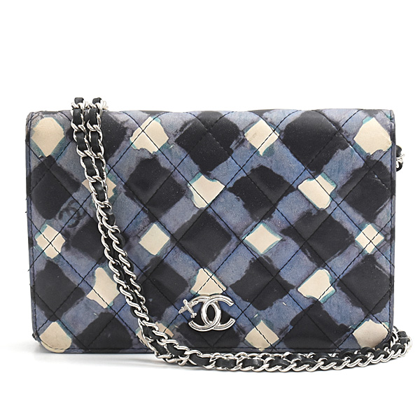 シャネル バッグ レディース エアライン チェーンウォレット マトラッセ ラムスキン ブルー ブラック CHANEL 中古