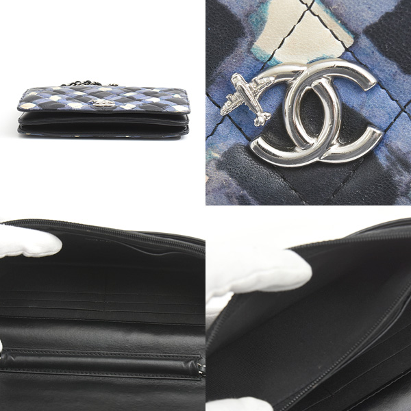 シャネル バッグ レディース エアライン チェーンウォレット マトラッセ ラムスキン ブルー ブラック CHANEL 中古