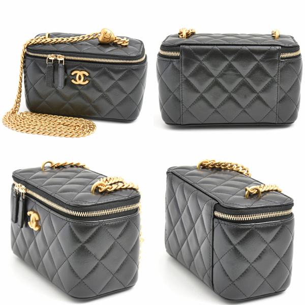 シャネル バッグ レディース マトラッセ スモールヴァニティケース ココハートチェーン ショルダー ラムスキン 鏡 ブラック CHANEL 中古