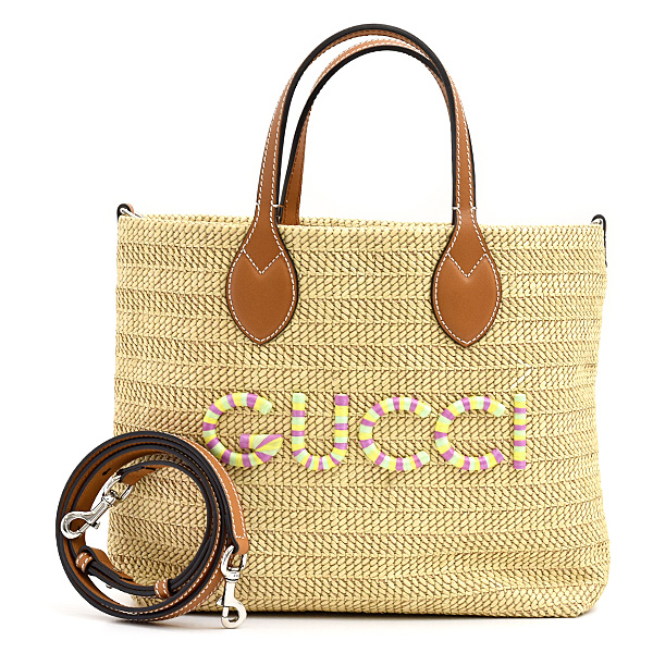 グッチ バッグ レディース パッチ スモール トートバッグ 2WAY かごバッグ ストロー ベージュ系 GUCCI 779671 中古