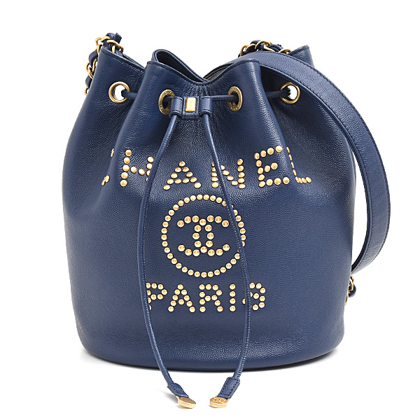 シャネル バッグ レディース ドーヴィル チェーンショルダーバッグ 巾着 ドローストリング キャビアスキン ネイビー CHANEL AS1045 中古