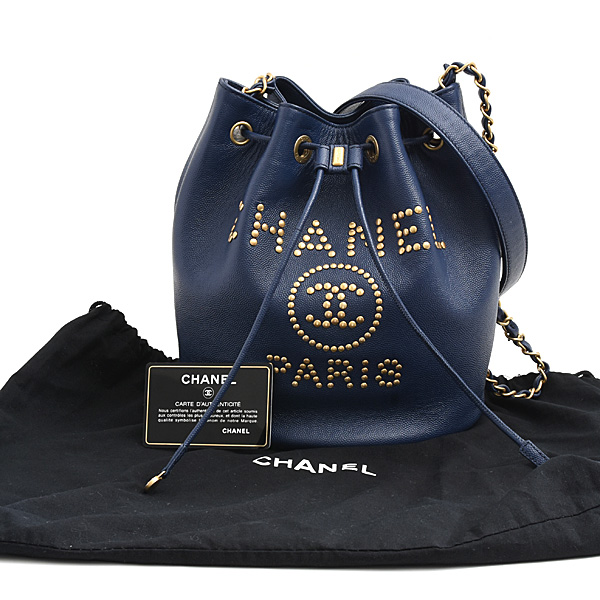 シャネル バッグ レディース ドーヴィル チェーンショルダーバッグ 巾着 ドローストリング キャビアスキン ネイビー CHANEL AS1045 中古