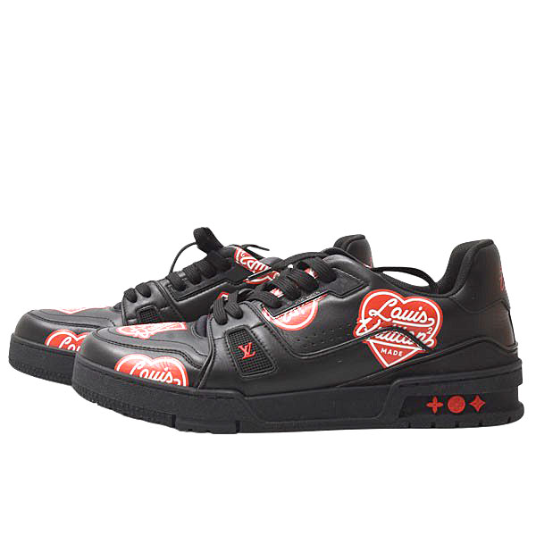 ルイヴィトン 靴 メンズ LVトレイナー スニーカー NIGOコラボ 7 1/2サイズ 約26cm レザー ブラック Louis Vuitton 中古