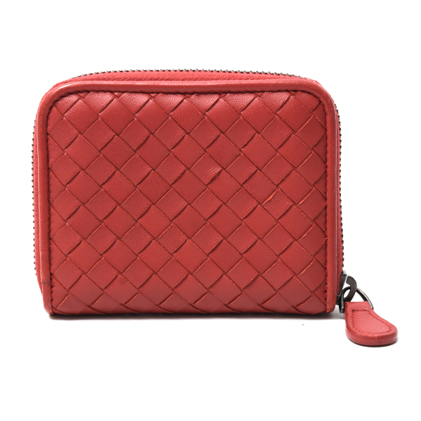 ボッテガヴェネタ コインケース イントレチャート コンパクトウォレット ミニ財布 ラムスキン レッド BOTTEGA VENETA 中古