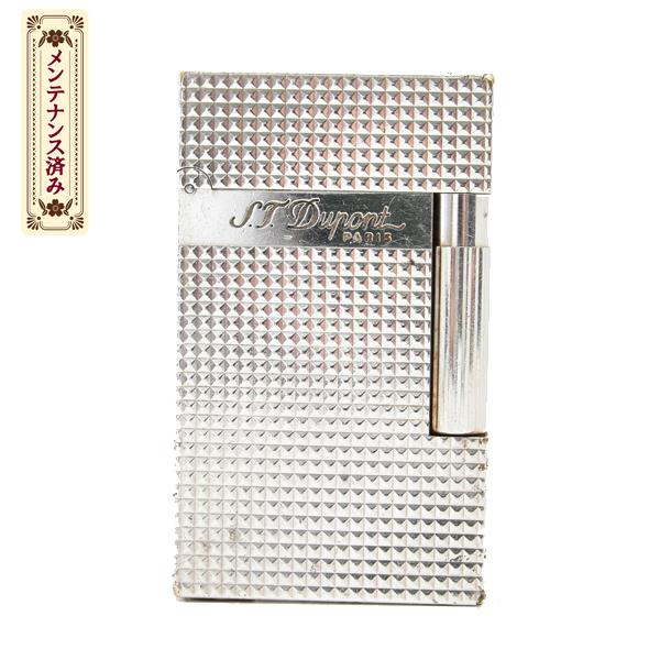 デュポン ライン2 ローラガスライター 格子柄 シルバー メンテナンス済み S.T.Dupont 中古