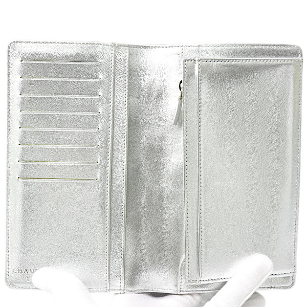 シャネル 財布 レディース アイコンライン 2つ折り長財布 レザー ガンメタリック×シルバー CHANEL 中古