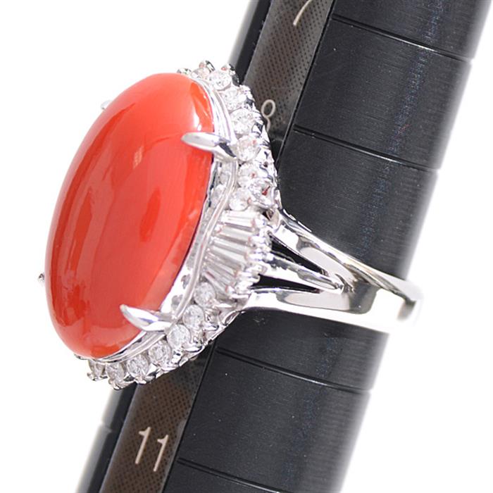指輪 レディース 天然赤サンゴ ダイヤモンド リング D:0.637ct 9号 ノンブランド プラチナ PT900 中古