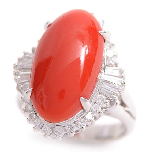 指輪 レディース 天然赤サンゴ ダイヤモンド リング D:0.637ct 9号 ノンブランド プラチナ PT900 中古