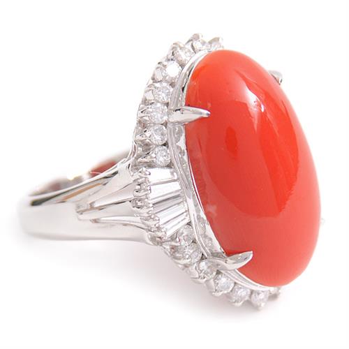 指輪 レディース 天然赤サンゴ ダイヤモンド リング D:0.637ct 9号 ノンブランド プラチナ PT900 中古