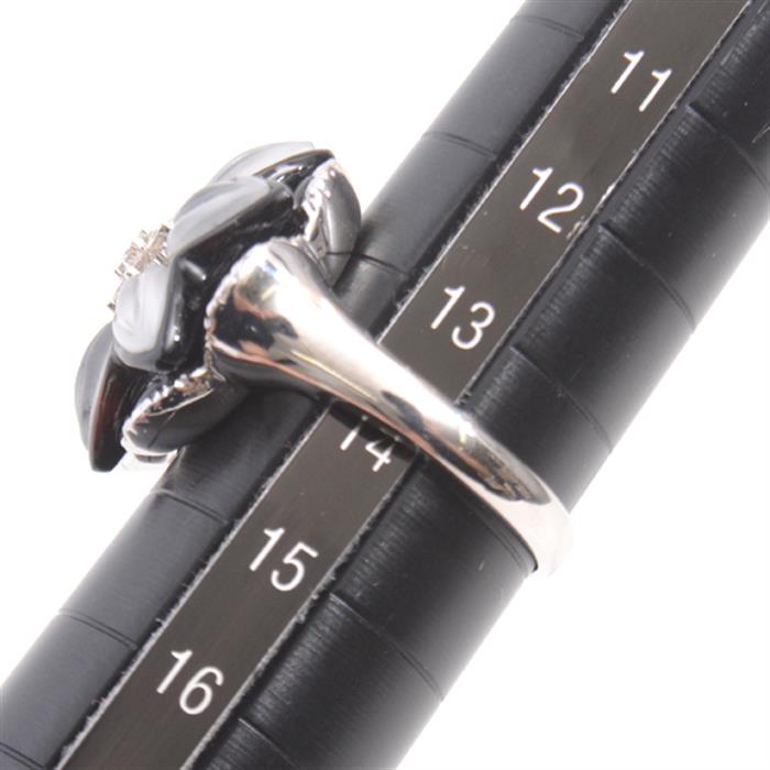 750WG 指輪 レディース フラワーモチーフ オニキス ダイヤモンド リング 14号 ホワイトゴールド【中古】