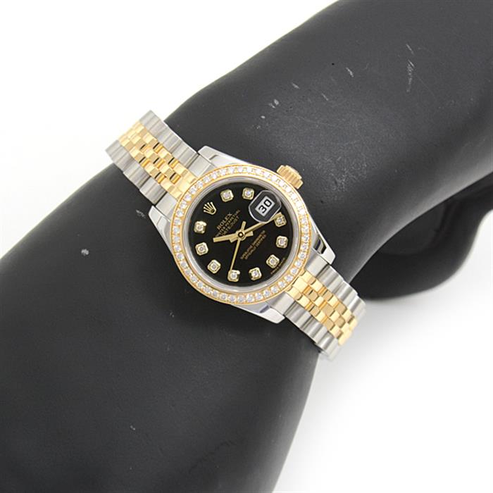 ロレックス 時計 レディース デイトジャスト ダイヤベゼル 10P ダイヤ 自動巻 ランダム ROLEX SS×750YG 179383G 中古