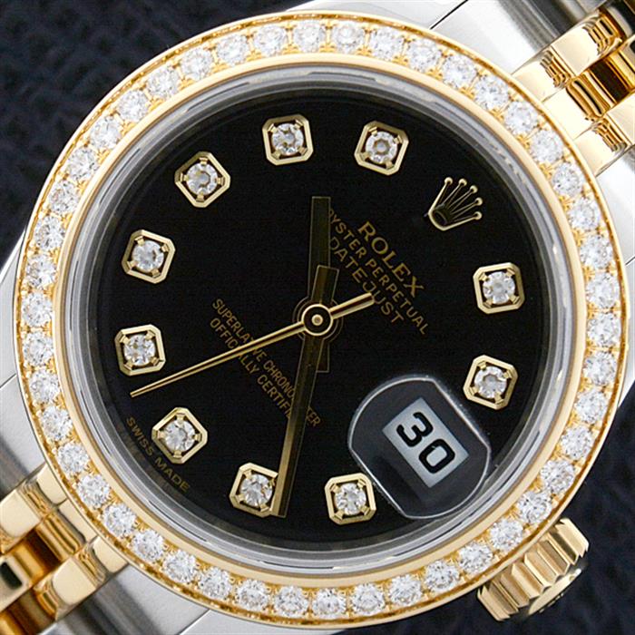 ロレックス 時計 レディース デイトジャスト ダイヤベゼル 10P ダイヤ 自動巻 ランダム ROLEX SS×750YG 179383G 中古