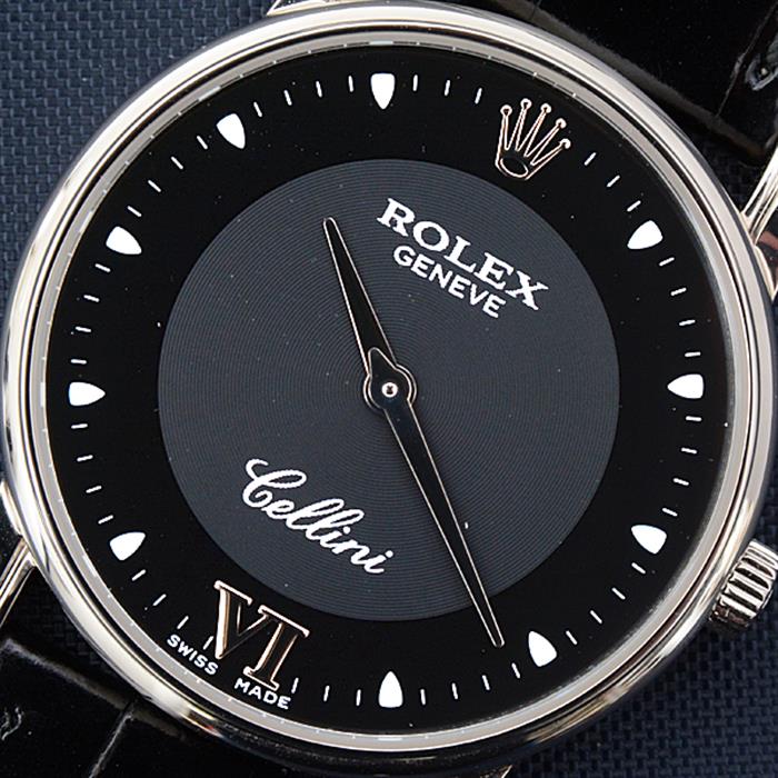 ロレックス 時計 メンズ ボーイズ チェリーニ 新品革ベルト ホワイトゴールド ブラック文字盤 手巻 ROLEX 5116/9 750WG 中古