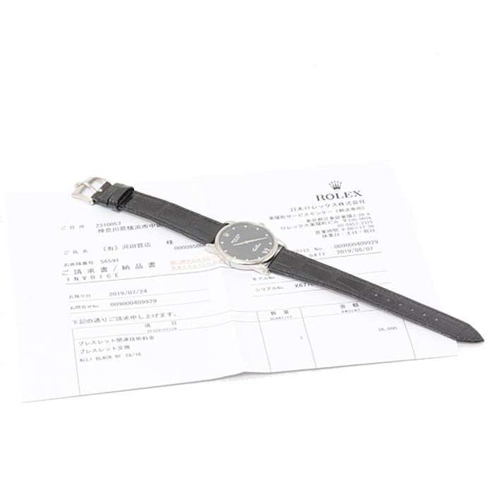 ロレックス 時計 メンズ ボーイズ チェリーニ 新品革ベルト ホワイトゴールド ブラック文字盤 手巻 ROLEX 5116/9 750WG 中古