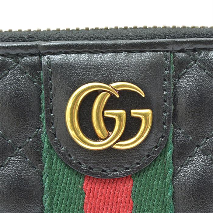 グッチ 財布 メンズ レディース キルティング ウェブ ラウンドファスナー長財布 レザー ブラック 536450 中古