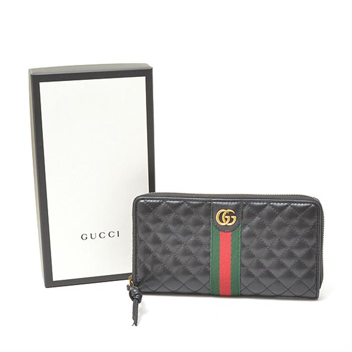 グッチ 財布 メンズ レディース キルティング ウェブ ラウンドファスナー長財布 レザー ブラック 536450 中古