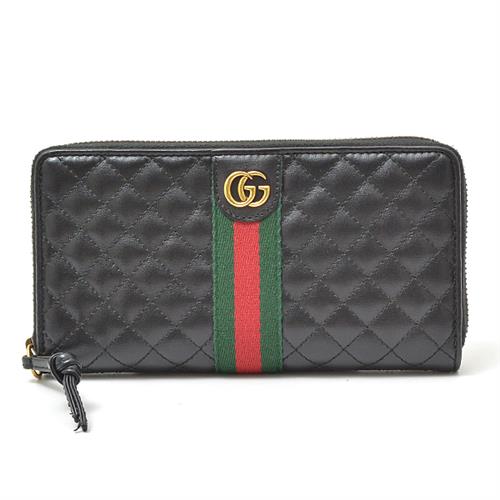 グッチ 財布 メンズ レディース キルティング ウェブ ラウンドファスナー長財布 レザー ブラック 536450 中古
