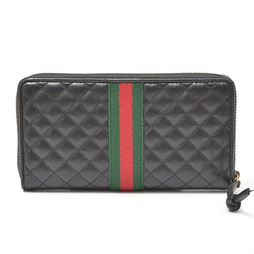 グッチ 財布 メンズ レディース キルティング ウェブ ラウンドファスナー長財布 レザー ブラック 536450 中古