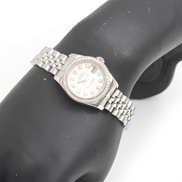 ロレックス 時計 レディース デイトジャスト ダイヤベゼル 10Pダイヤ 自動巻 ランダム サンビーム文字盤 SS×WG ROLEX 179384G 中古