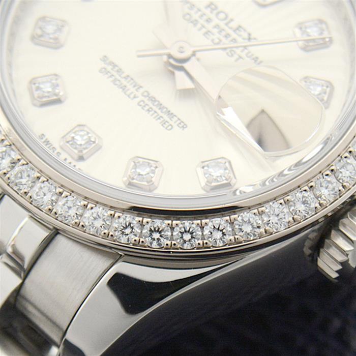ロレックス 時計 レディース デイトジャスト ダイヤベゼル 10Pダイヤ 自動巻 ランダム サンビーム文字盤 SS×WG ROLEX 179384G 中古