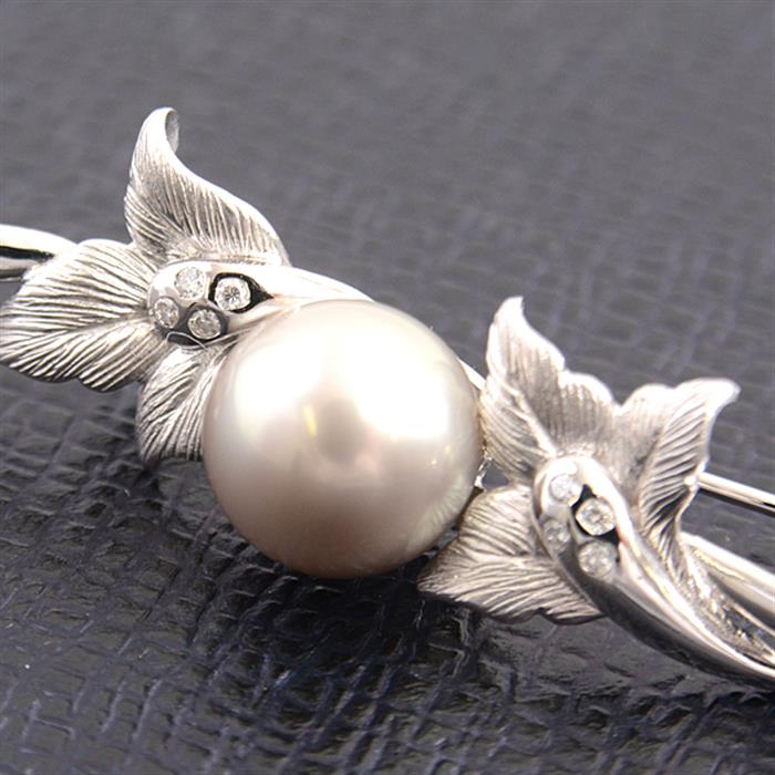 ブローチ レディース フラワーモチーフ パール×ダイヤモンド ブローチ 11.1mm珠 D0.08ct ホワイトゴールド K14WG 中古