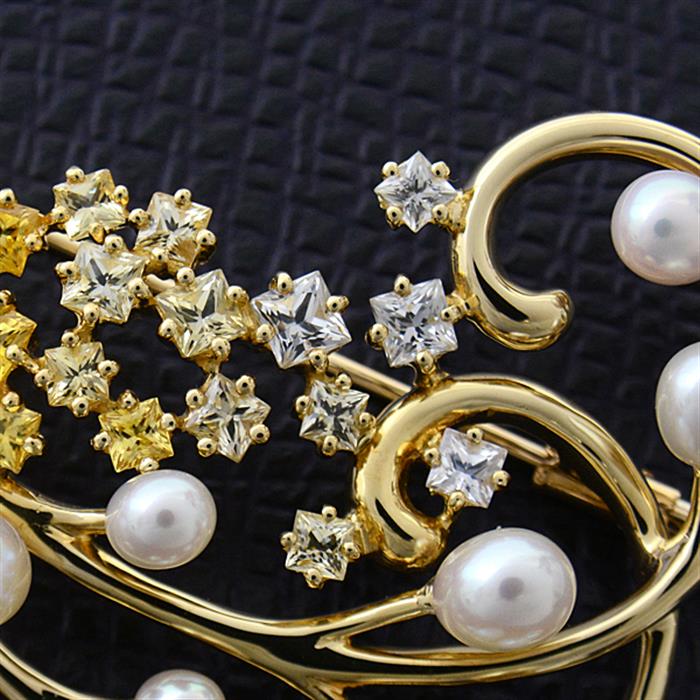 タサキ ブローチ レディース K18 リーフデザイン パール サファイア パール:3.0mm～4.5mm S:2.21ct イエローゴールド TASAKI【中古】
