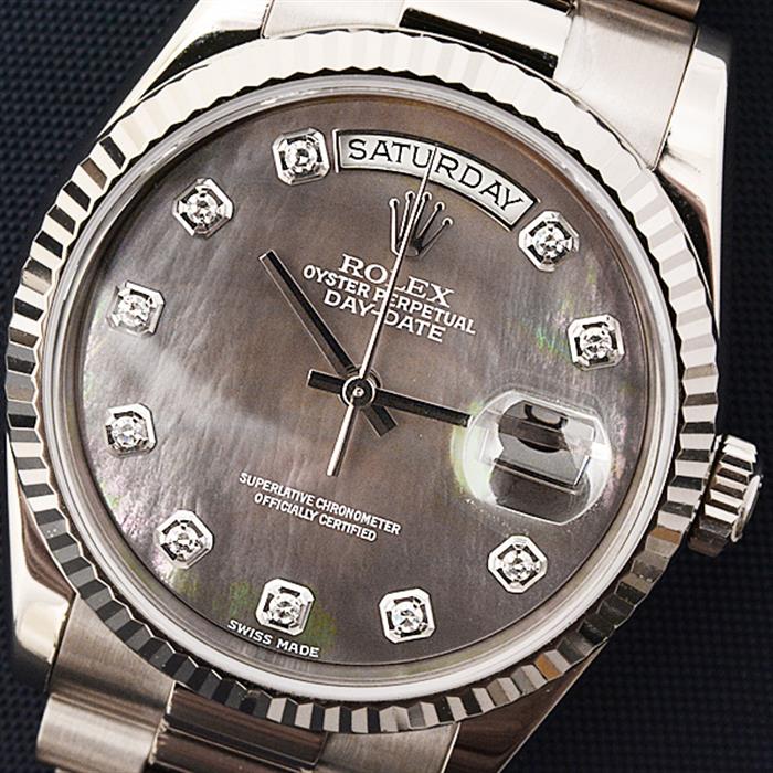 ロレックス 時計 メンズ デイデイト 日ロレ修理済 10Pダイヤ インデックス ブラックシェル ホワイトゴールド ROLEX 118239NG Y番【中古】