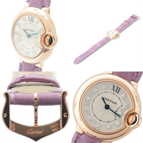 カルティエ 時計 レディース バロンブルー 28mm 11ポイント ダイヤモンド 電池式 シルバー文字盤 ピンクゴールド Cartier WE902050 750PG 中古