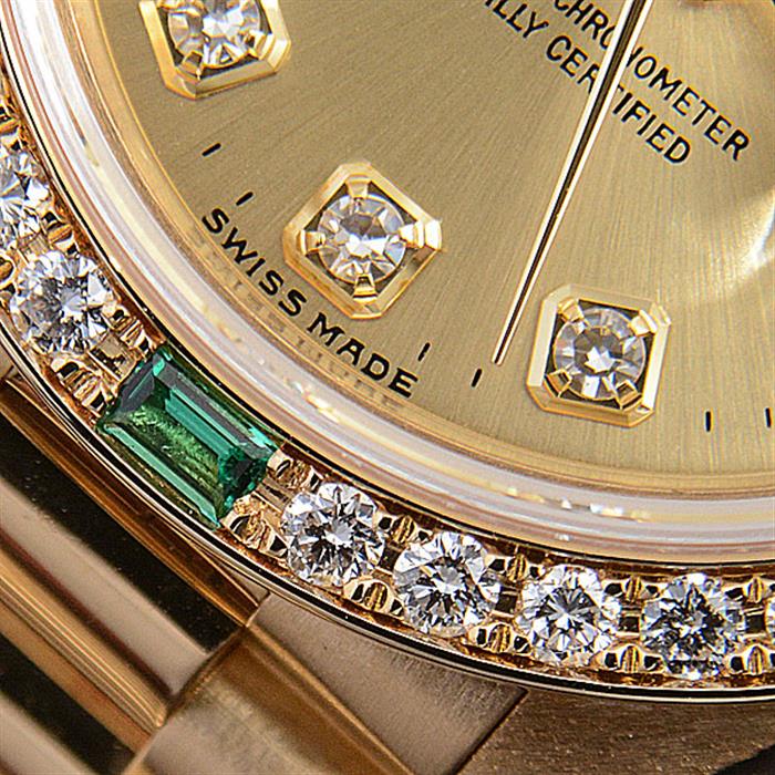 ロレックス 時計 レディース デイトジャスト 10Pダイヤ 4Pエメラルド ダイヤモンド ベゼル ゴールド文字盤 自動巻 イエローゴールド ROLEX 69078G 750YG 中古