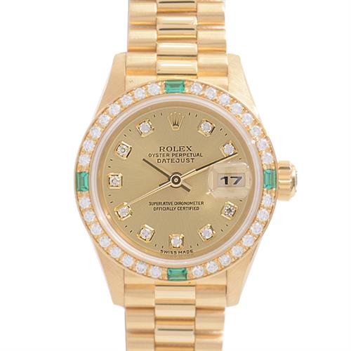 ロレックス 時計 レディース デイトジャスト 10Pダイヤ 4Pエメラルド ダイヤモンド ベゼル ゴールド文字盤 自動巻 イエローゴールド ROLEX 69078G 750YG 中古