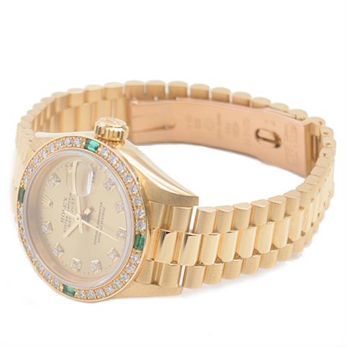 ロレックス 時計 レディース デイトジャスト 10Pダイヤ 4Pエメラルド ダイヤモンド ベゼル ゴールド文字盤 自動巻 イエローゴールド ROLEX 69078G 750YG 中古
