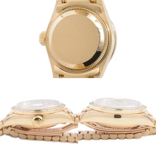 ロレックス 時計 レディース デイトジャスト 10Pダイヤ 4Pエメラルド ダイヤモンド ベゼル ゴールド文字盤 自動巻 イエローゴールド ROLEX 69078G 750YG 中古