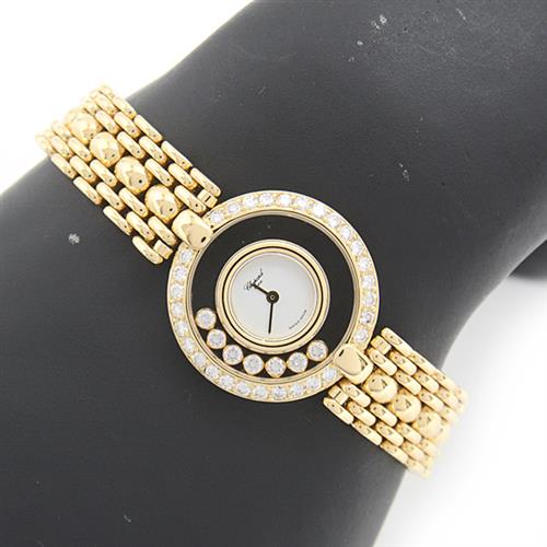 ショパール 時計 レディース ハッピーダイヤ 7Pダイヤ ダイヤベゼル 電池式 ホワイト文字盤 ゴールド Chopard 750YG 中古