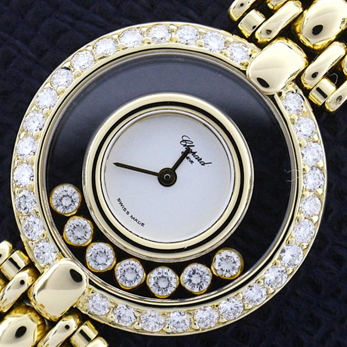 ショパール 時計 レディース ハッピーダイヤ 7Pダイヤ ダイヤベゼル 電池式 ホワイト文字盤 ゴールド Chopard 750YG 中古