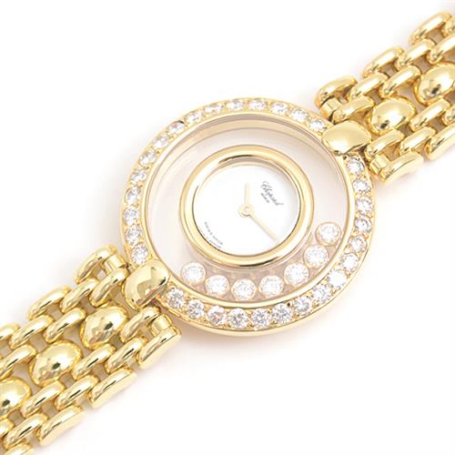 ショパール 時計 レディース ハッピーダイヤ 7Pダイヤ ダイヤベゼル 電池式 ホワイト文字盤 ゴールド Chopard 750YG 中古