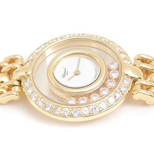 ショパール 時計 レディース ハッピーダイヤ 7Pダイヤ ダイヤベゼル 電池式 ホワイト文字盤 ゴールド Chopard 750YG 中古