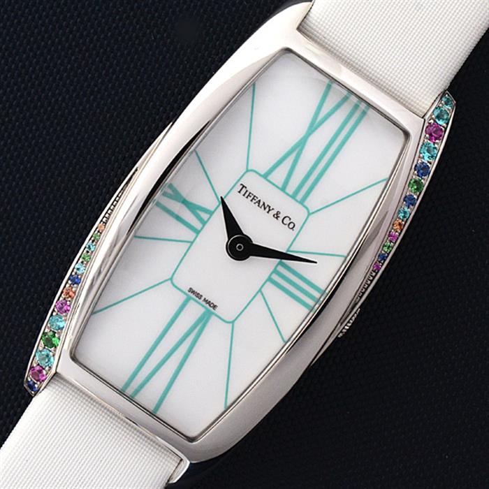 ティファニー 時計 レディース ジェメア カラーストーンベゼル ホワイト文字盤 電池式 サテンベルト TIFFANY GEMEA Z6401.10.10G29A48G 中古
