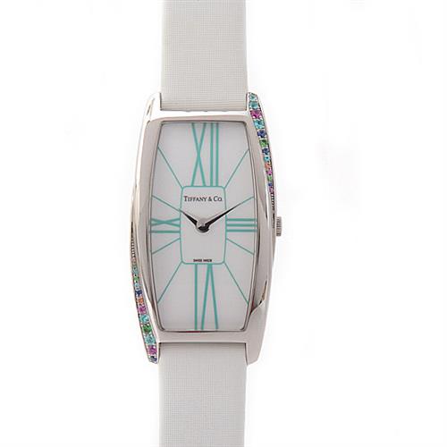 ティファニー 時計 レディース ジェメア カラーストーンベゼル ホワイト文字盤 電池式 サテンベルト TIFFANY GEMEA Z6401.10.10G29A48G 中古
