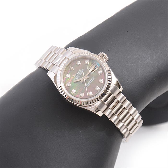 ロレックス 時計 レディース デイトジャスト 10Pダイヤ Z番 自動巻き ブラックシェル文字盤 ホワイトゴールド ROLEX 750WG 179179NG 中古